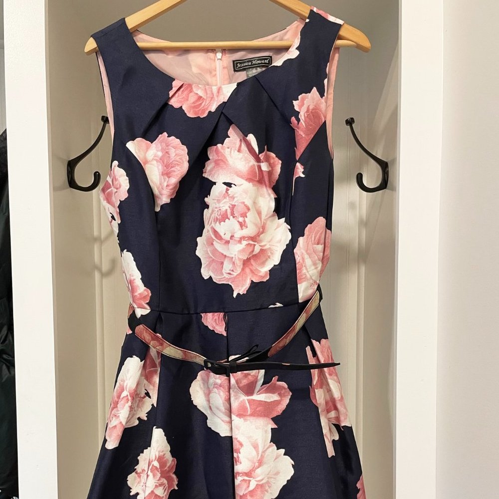 Jessica Howard dress, navy with pink & white floral, comes with belt